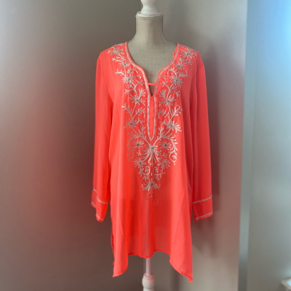 Embroidered Coral Swim Coverup
